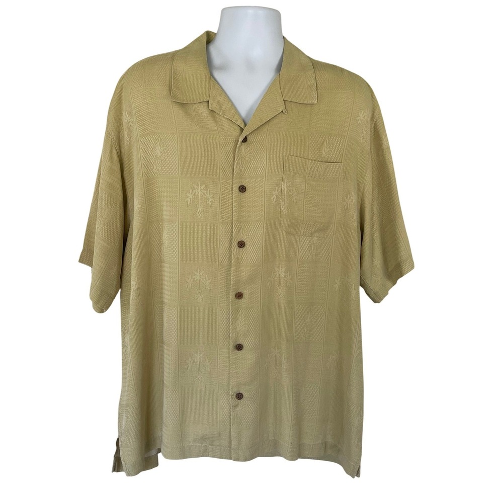 Tommy Bahama Mens XL Silk Short Sleeve Button Up Shirt Yellow Gold Palm Tree